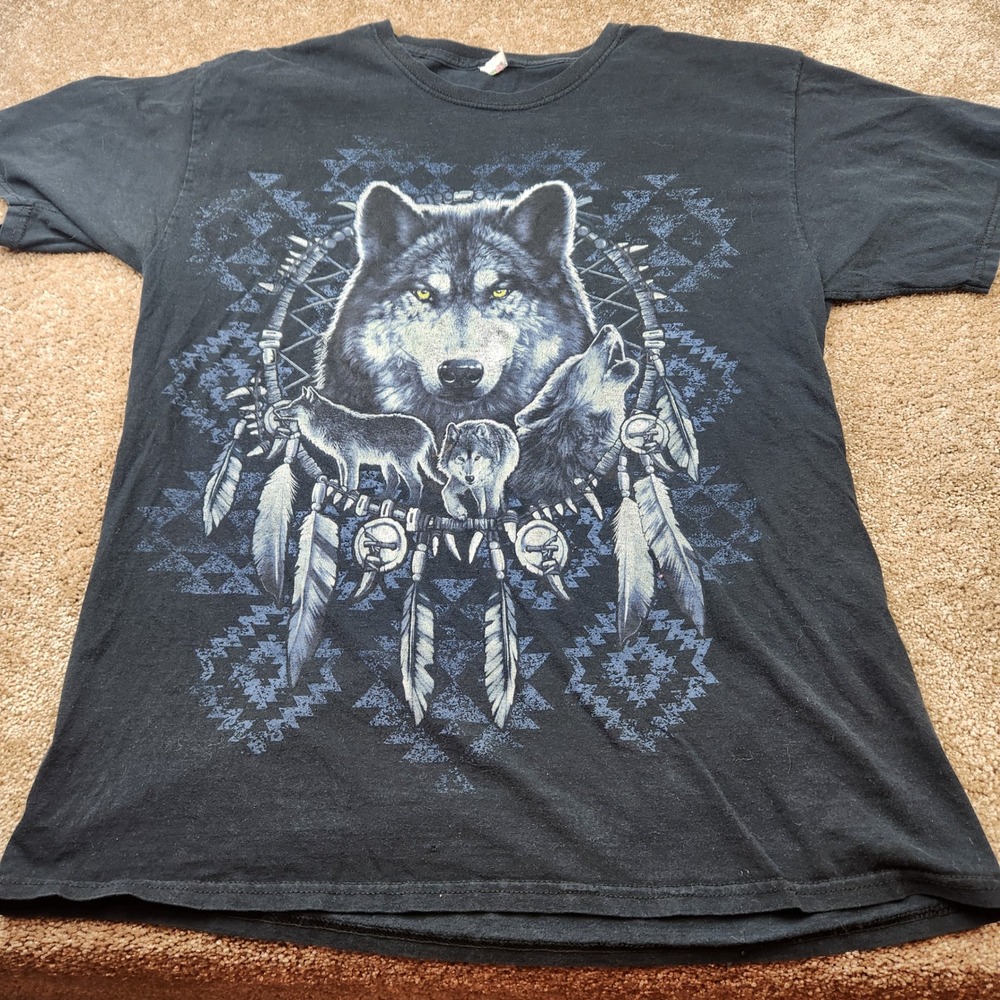 Vintage Fruit of the Loom Wolf Dreamcatcher Graphic T-Shirt Black Mens Medium